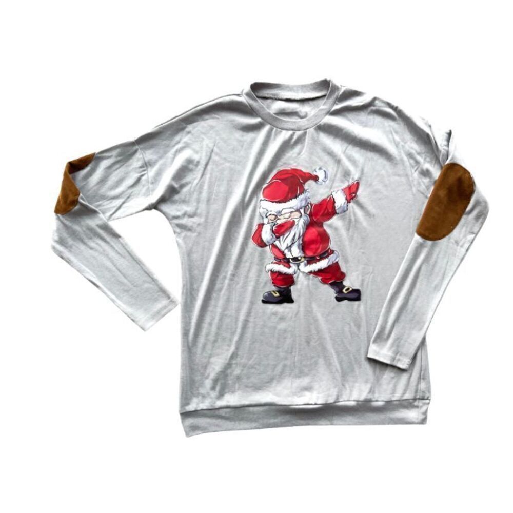 New Womens Oversized Boutique Dabbing Christmas Santa Elbow Patch Top - Sz L